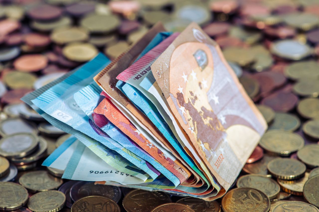 services-01 A stack of euro banknotes and scattered coins symbolize wealth and finance.
